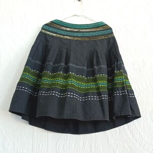 Gray Boho Midi Skirt With Green Velvet Turquoise Crochet Striped Mountain Style